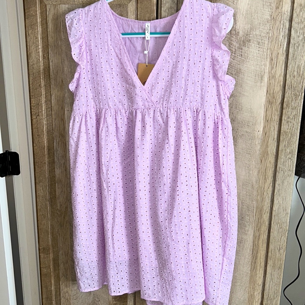 Eyelet babydoll dress tunic top large runs small lavender NWT poly cotton